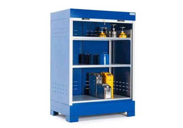 SteelSafe Gefahrstoffdepot D2, mit Rollladen und Stahlregal für Kleingebinde