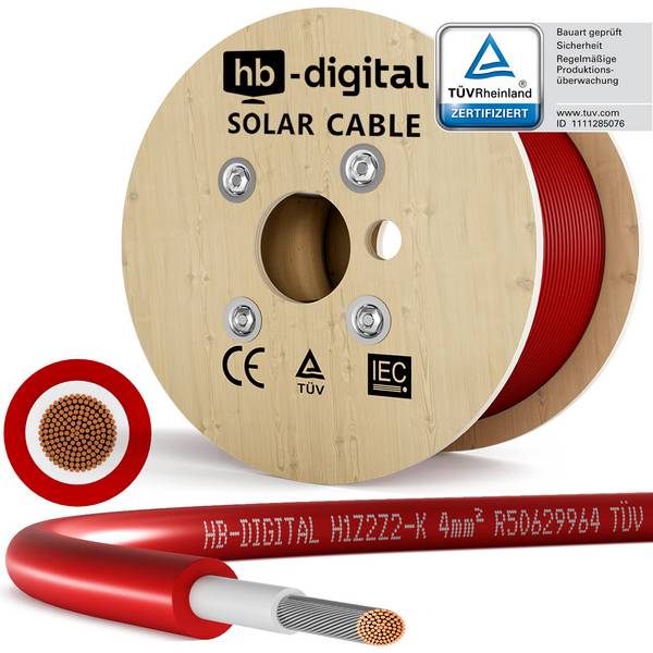 hb-digital Solarkabel 4mm2 H1Z2Z2-K Photovoltaik Kabel 200m für PV Anlagen rot