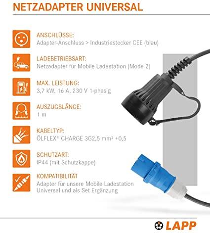 LAPP Mobility 64703 CCE Ladeadapter für die Ladestation Universal 16A Adapterkabel Hybrid & Elektroauto 3,7 kW 1-phasig-1