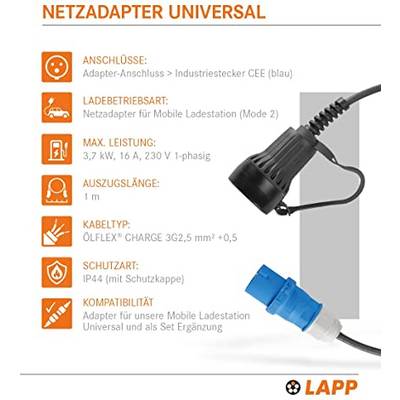 LAPP Mobility 64703 CCE Ladeadapter für die Ladestation Universal 16A Adapterkabel Hybrid & Elektroauto 3,7 kW 1-phasig-1