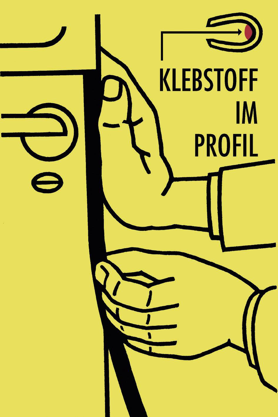 Person klebt einen Klebestreifen an eine Tür. Text: 'Klebstoff im Profil'. Gelber Hintergrund mit stilisierten Hand- und Türdarstellungen.
