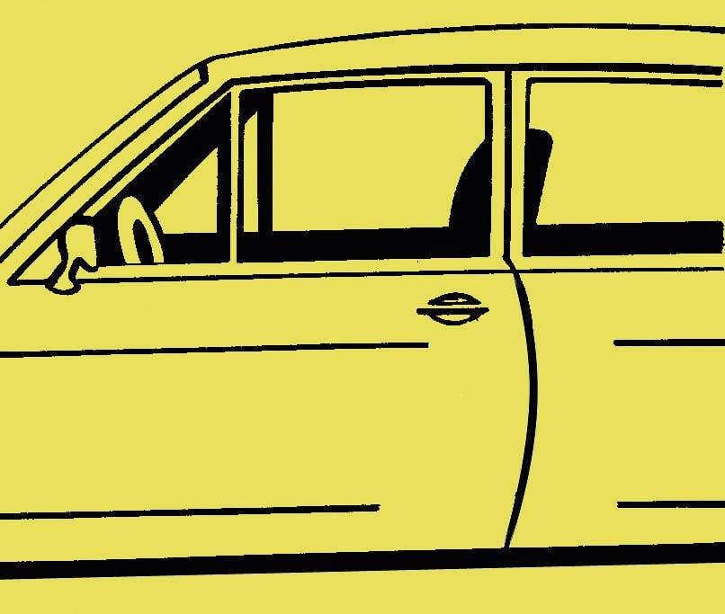 Zeichnung eines Autos von der Seite, auf gelbem Hintergrund. Sichtbar sind Fenster, Spiegel und Türen.