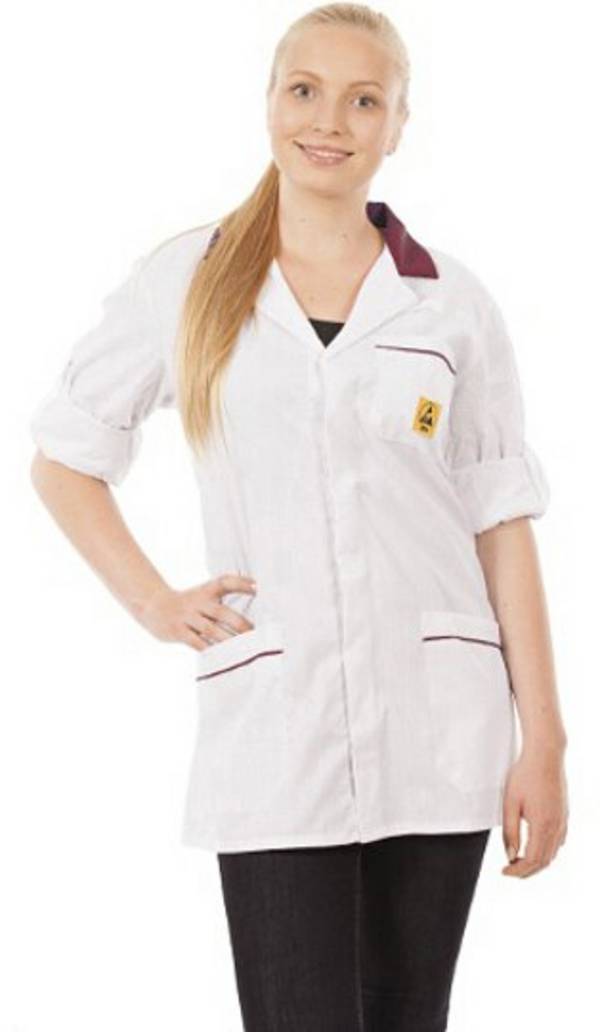 ESD Arbeitsmantel, unisex, weiß/bordeaux, kurz, 3XL