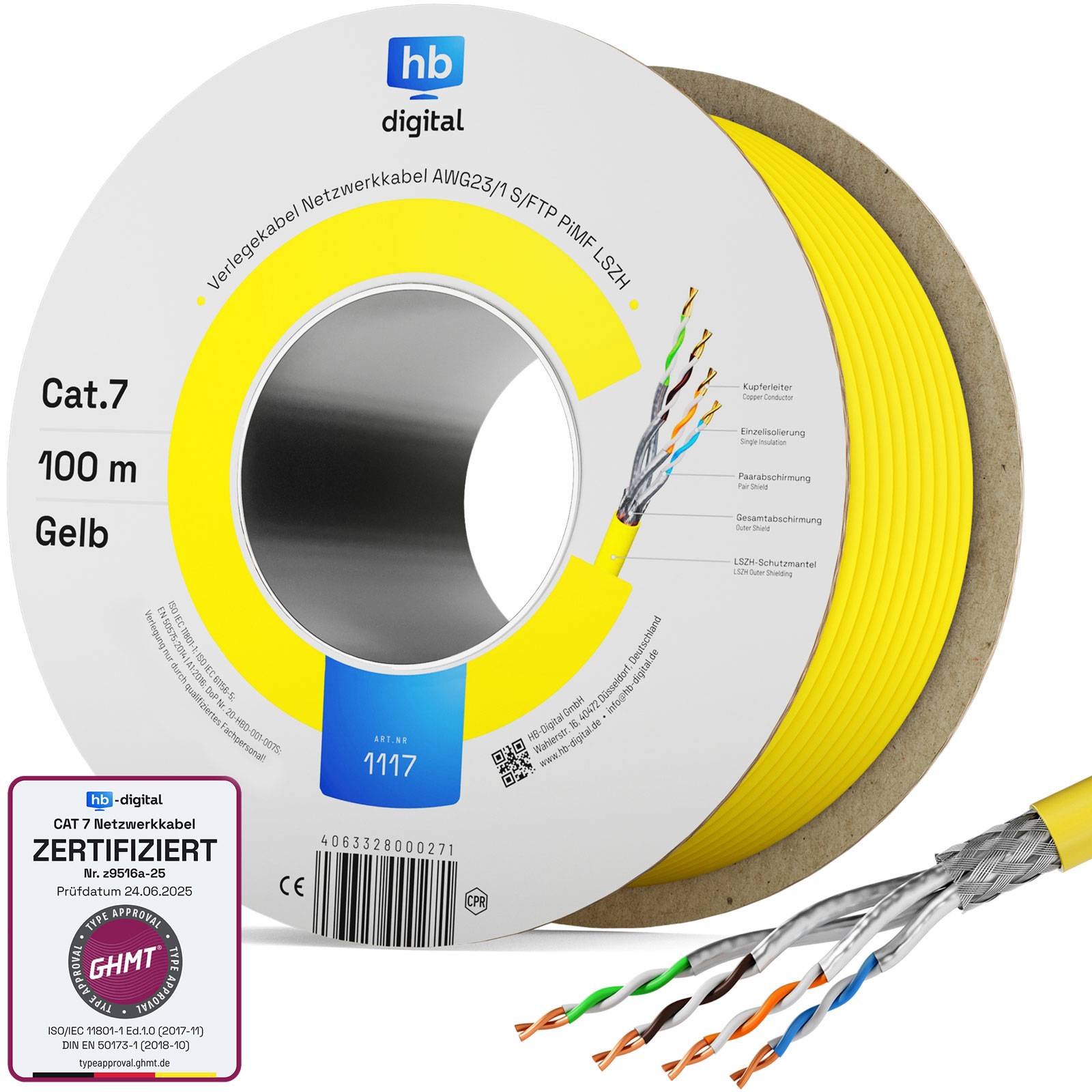 hb-digital CAT 7 Kabel 100m Netzwerkkabel Datenkabel max.1000 MHz S/FTP AWG23 LSZH gelb