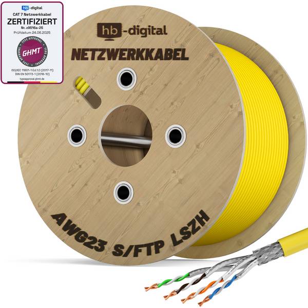 hb-digital CAT7 Verlegekabel Simplex Installationskabel 500m max.1000 MHz S/FTP AWG23 LSZH gelb