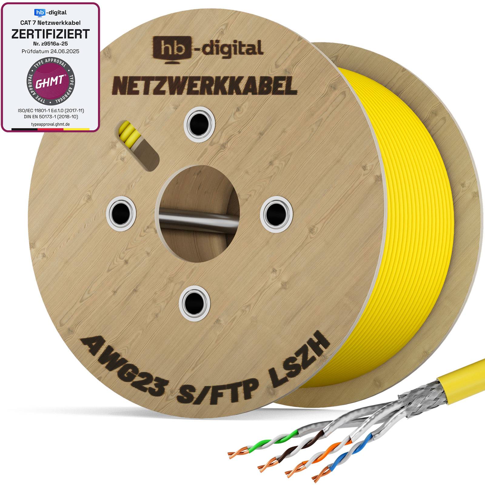 hb-digital CAT7 Verlegekabel Simplex Installationskabel 500m max.1000 MHz S/FTP AWG23 LSZH gelb-0