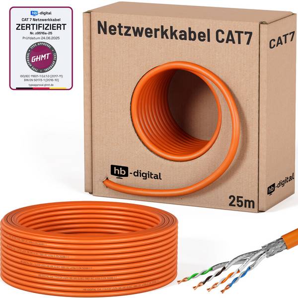 hb-digital CAT 7 Verlegekabel 25m Installationskabel max. 1000 MHz S/FTP AWG23 LSZH orange