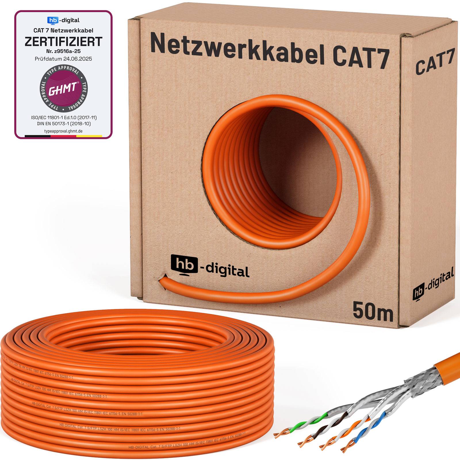 hb-digital CAT 7 Kabel Simplex 50m Ethernet max.1000 MHz S/FTP AWG23 LSZH orange-0