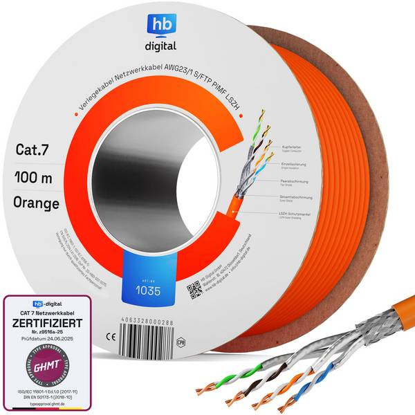 hb-digital Netzwerkkabel CAT 7 100m max. 1000 MHz S/FTP AWG23 LSZH orange
