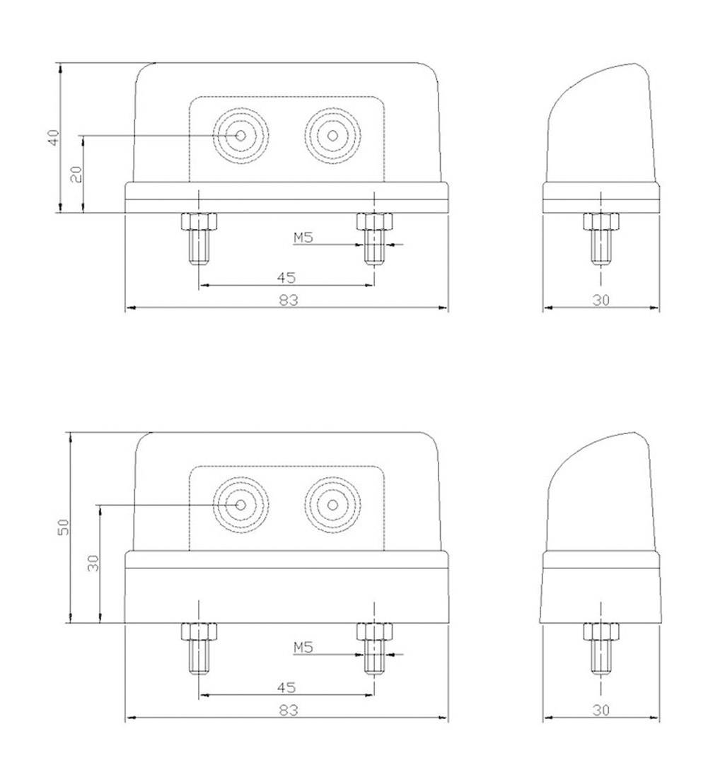 Technische Zeichnung eines Bauteils mit Maßen; Seiten- und Vorderansicht zeigen Höhe, Breite, Bohrlochpositionen und Schraubengröße.