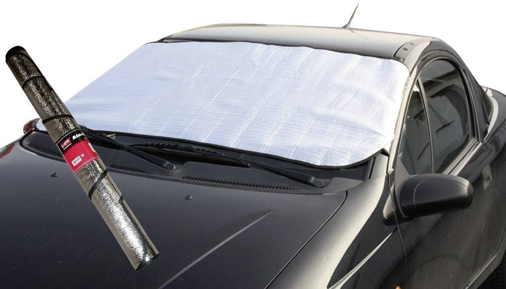 Auto mit silberner Sonnenblende auf der Windschutzscheibe; schützt vor Hitze. Rolle derselben Blende abgebildet daneben.