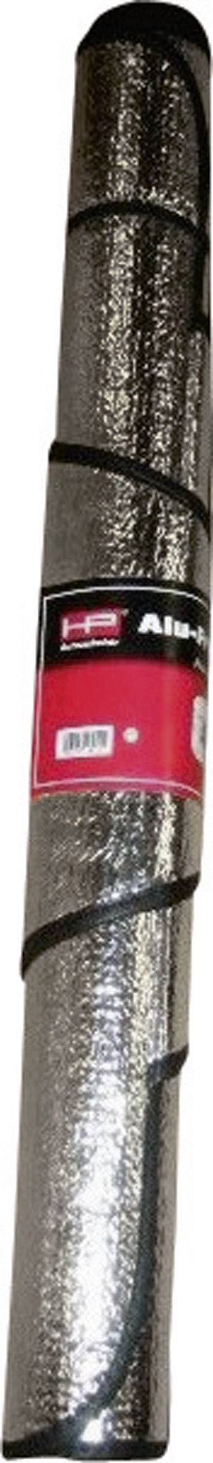 Eine zusammengerollte Isomatte mit silberner, reflektierender Oberfläche, die durch schwarze Gurte zusammengehalten wird.