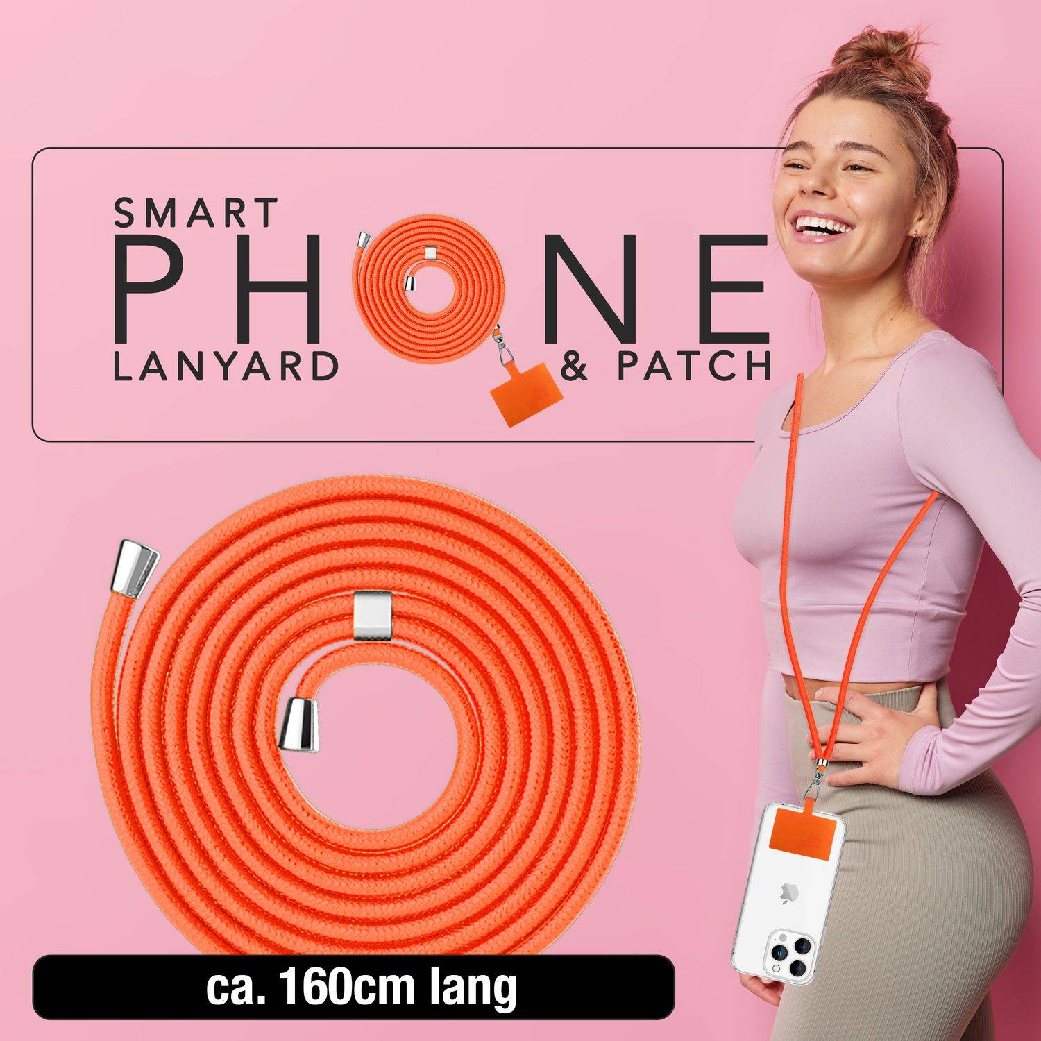 NALIA Universal Handykette zum Umhängen mit Pad & Karabinerhaken (silber) für Smartphone Hülle Orange-1