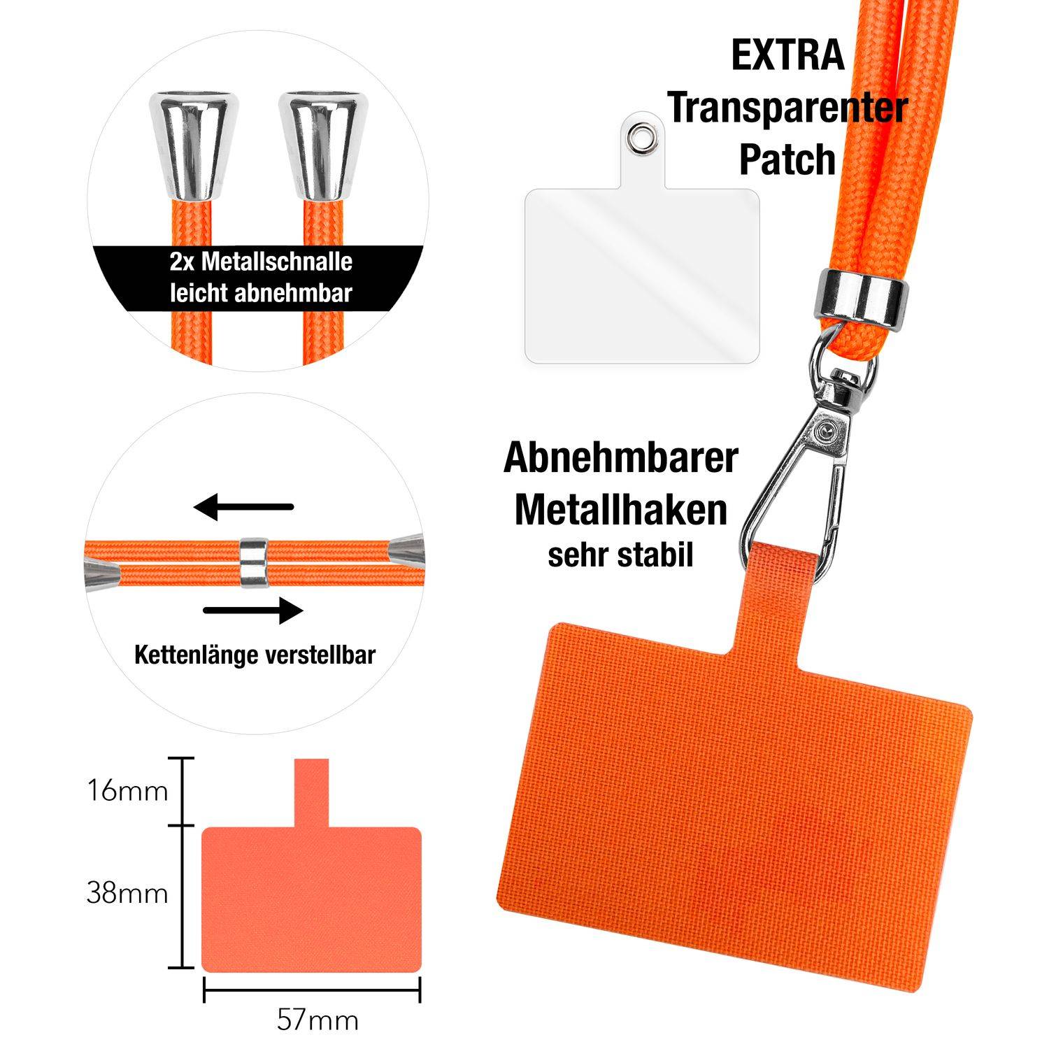 NALIA Universal Handykette zum Umhängen mit Pad & Karabinerhaken (silber) für Smartphone Hülle Orange-2