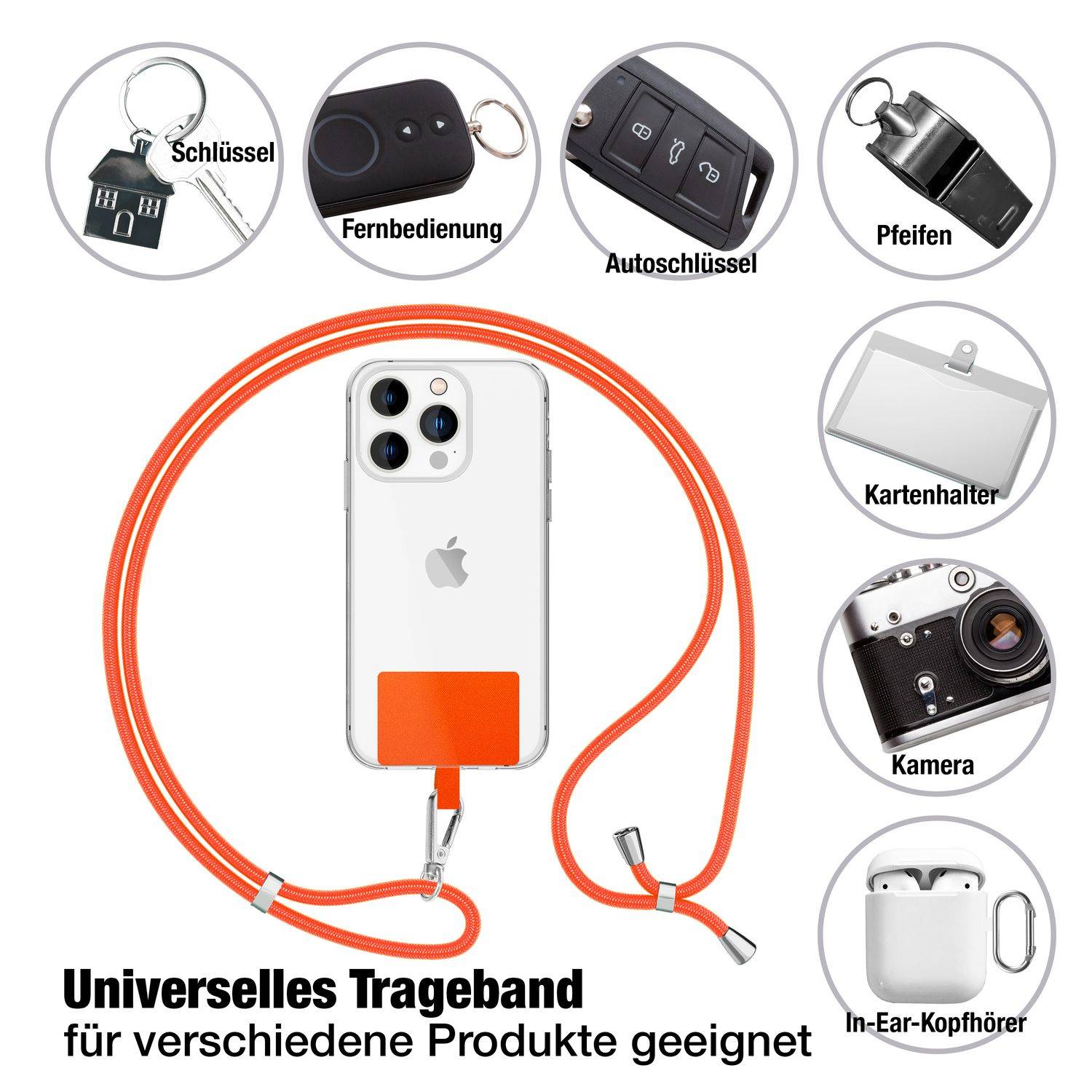 NALIA Universal Handykette zum Umhängen mit Pad & Karabinerhaken (silber) für Smartphone Hülle Orange-3