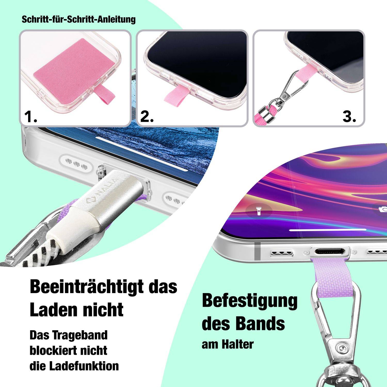 NALIA Universal Handykette zum Umhängen mit Pad & Karabinerhaken (silber) für Smartphone Hülle Hellgrau-1
