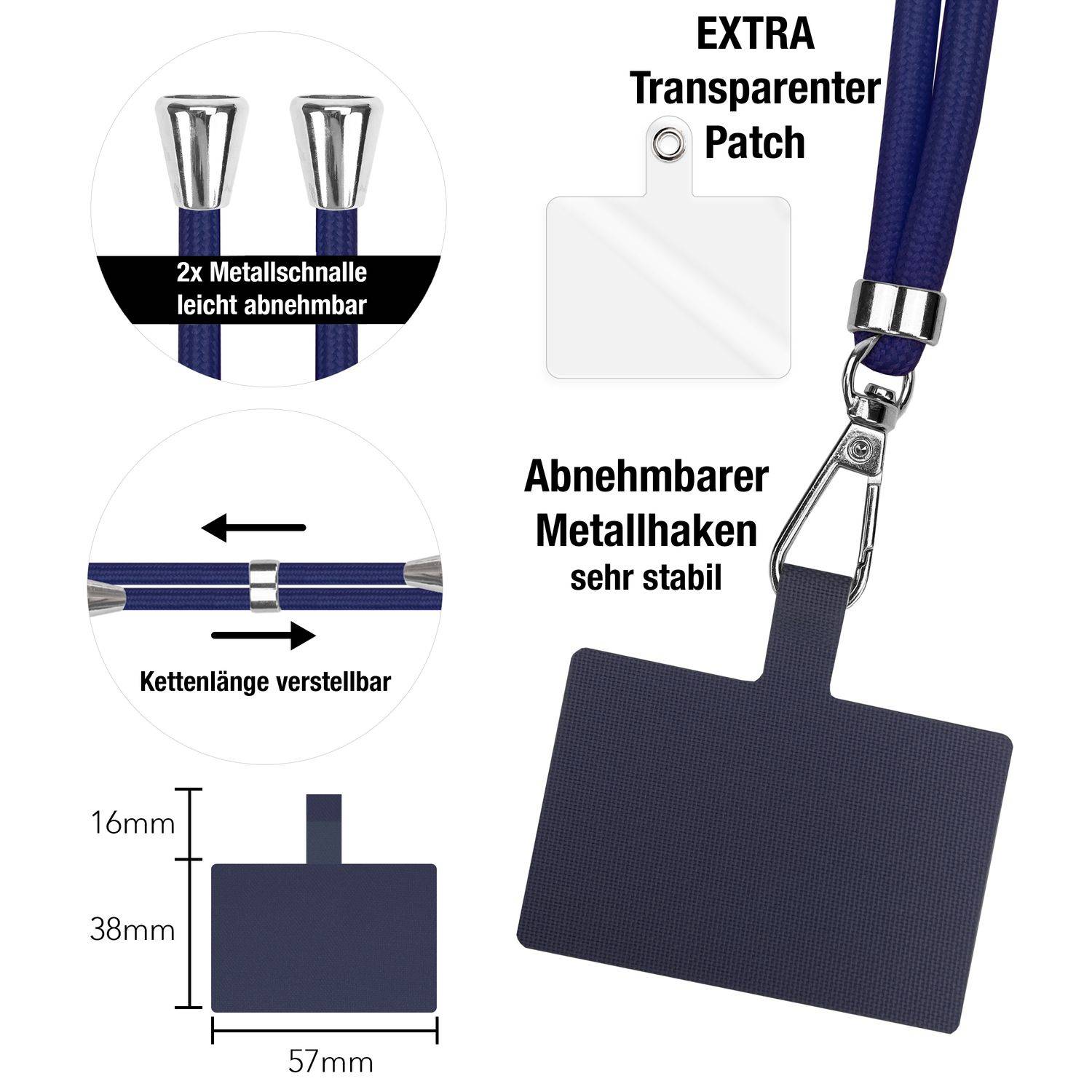 NALIA Universal Handykette zum Umhängen mit Pad & Karabinerhaken (silber) für Smartphone Hülle Dunkelblau-3