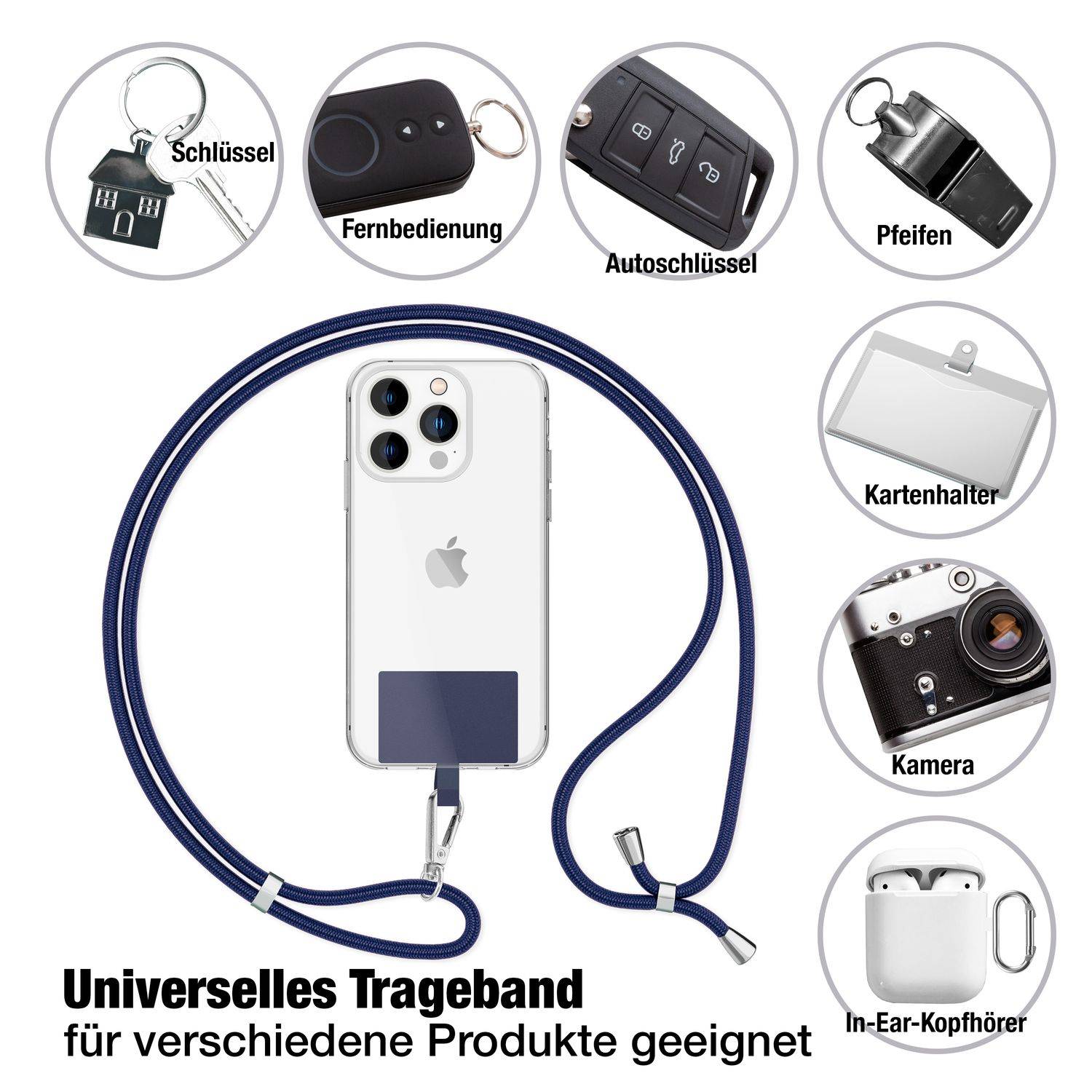 NALIA Universal Handykette zum Umhängen mit Pad & Karabinerhaken (silber) für Smartphone Hülle Dunkelblau-4
