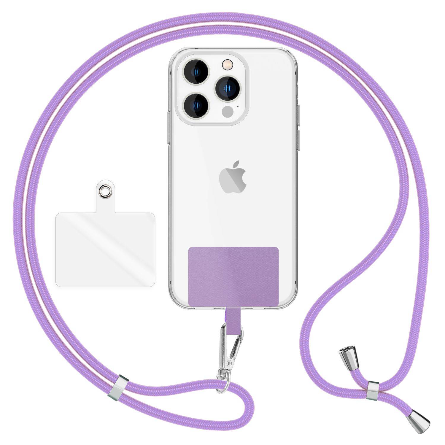 NALIA Universal Handykette zum Umhängen mit Pad & Karabinerhaken (silber) für Smartphone Hülle Lila-0