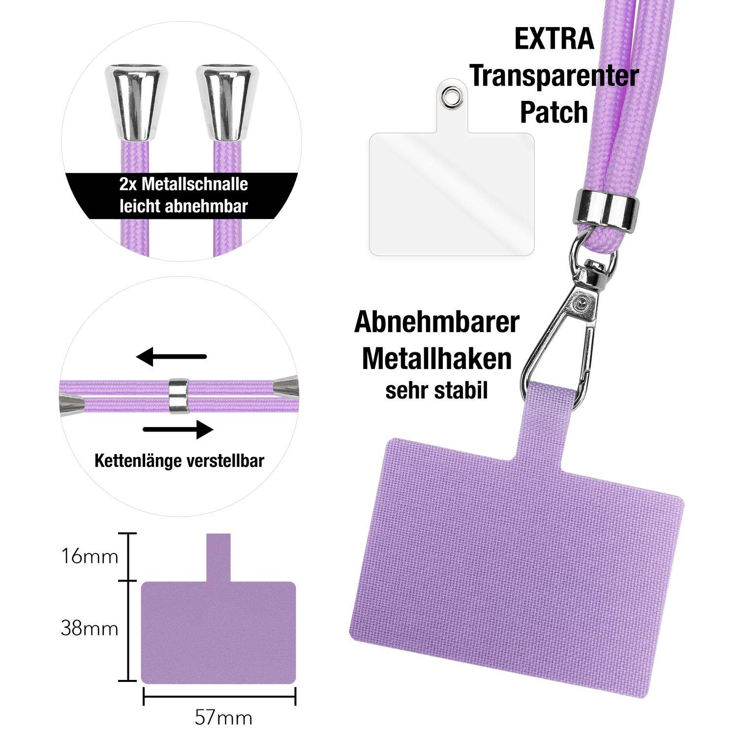 NALIA Universal Handykette zum Umhängen mit Pad & Karabinerhaken (silber) für Smartphone Hülle Lila-3