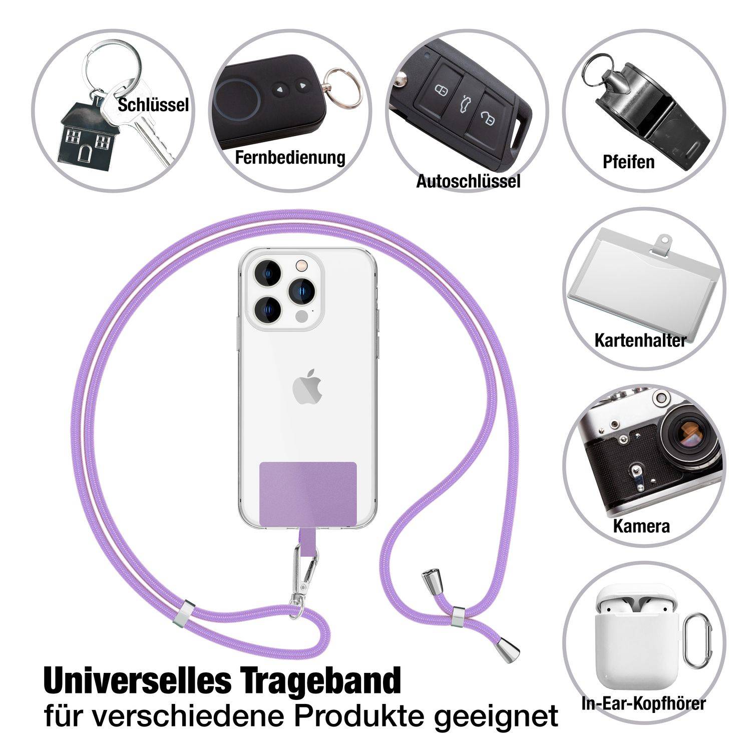 NALIA Universal Handykette zum Umhängen mit Pad & Karabinerhaken (silber) für Smartphone Hülle Lila-4