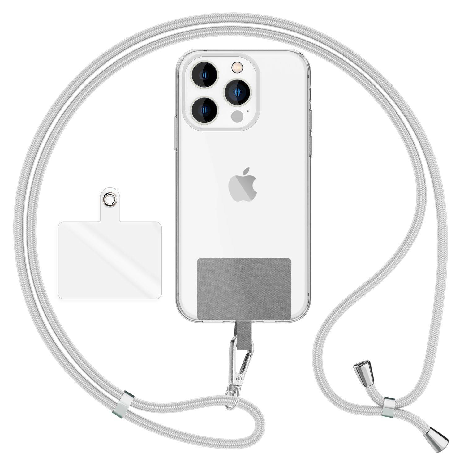 NALIA Universal Handykette zum Umhängen mit Pad & Karabinerhaken (silber) für Smartphone Hülle Hellgrau-0