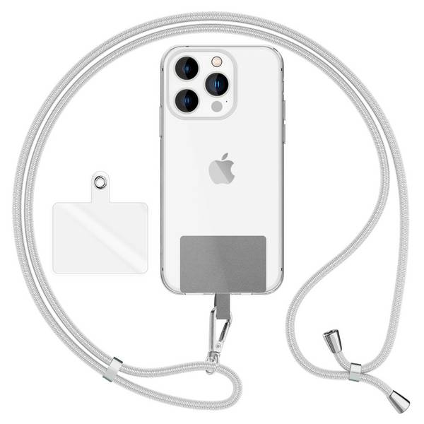 NALIA Universal Handykette zum Umhängen mit Pad & Karabinerhaken (silber) für Smartphone Hülle Hellgrau