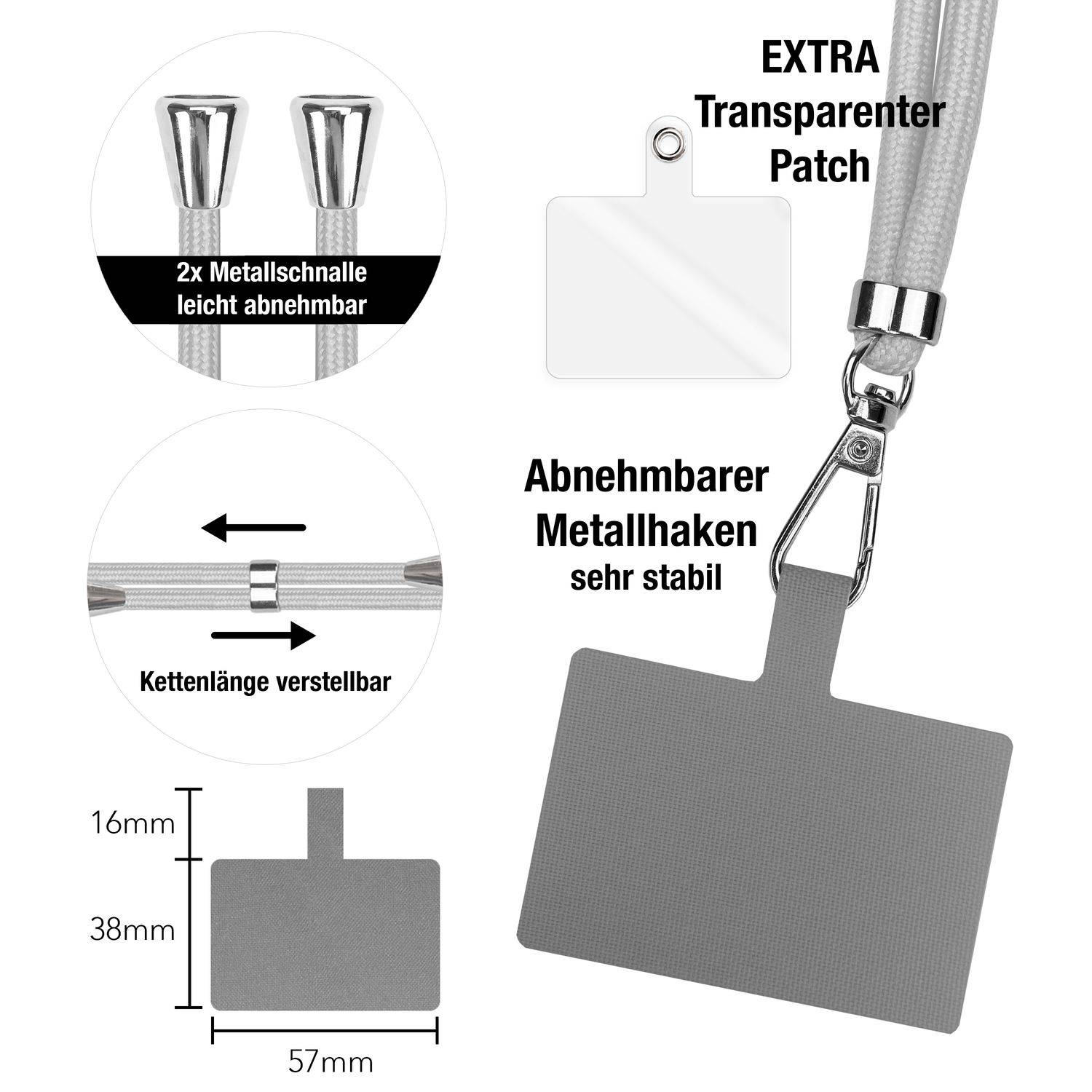 NALIA Universal Handykette zum Umhängen mit Pad & Karabinerhaken (silber) für Smartphone Hülle Hellgrau-3