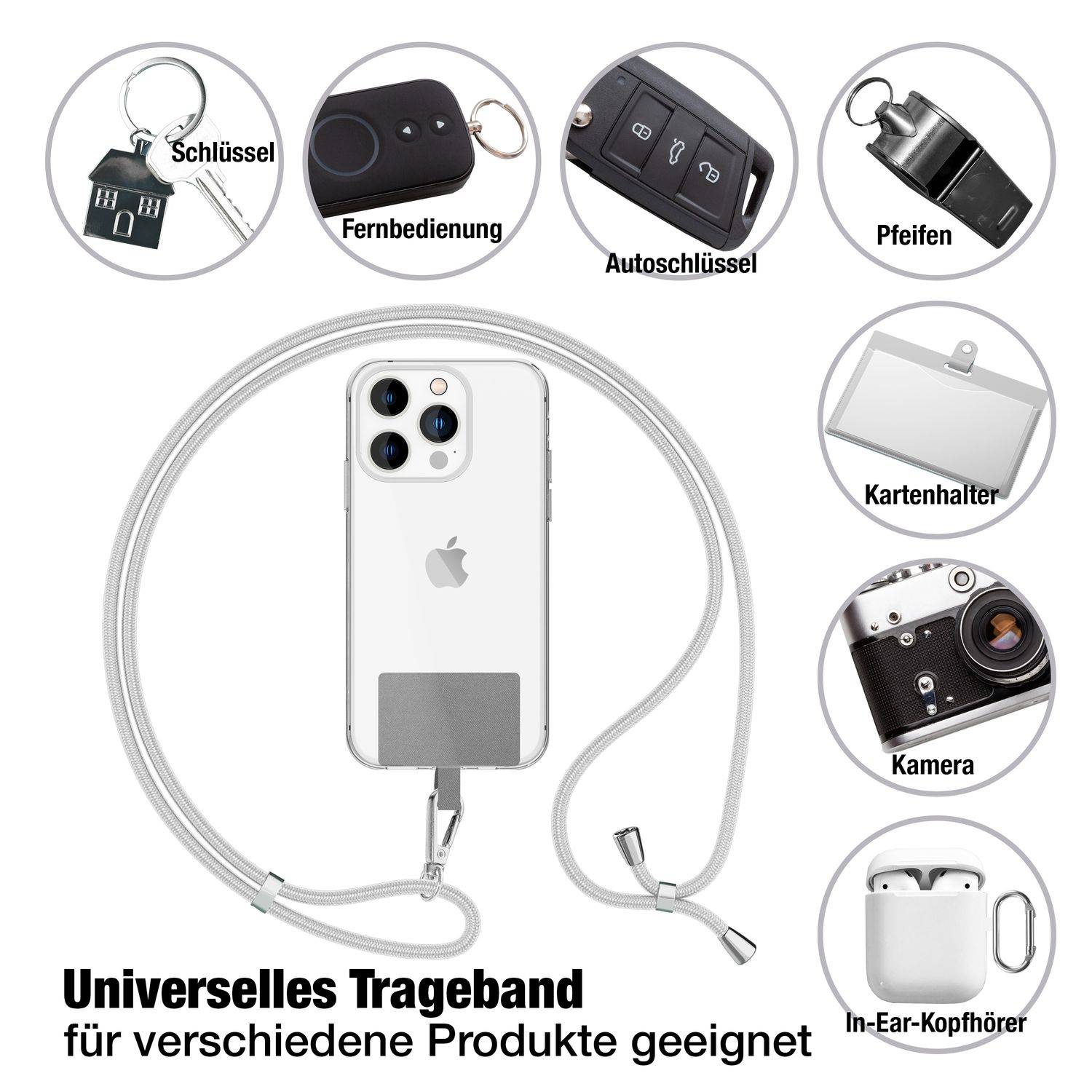 NALIA Universal Handykette zum Umhängen mit Pad & Karabinerhaken (silber) für Smartphone Hülle Hellgrau-4