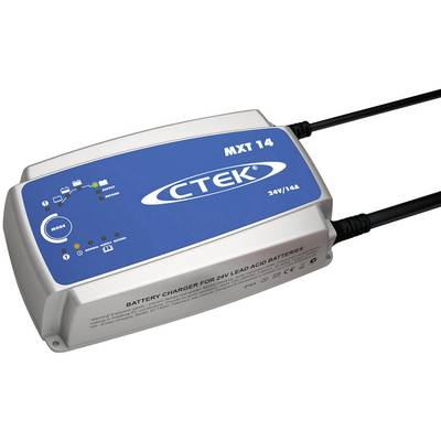 Ladegerät für 24V-Bleibatterien, Marke CTEK, Modell MXT 14, blaues Gehäuse, zeigt Ladezustände und Modi an.