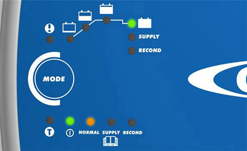 Bedienfeld eines Geräts mit mehreren Batterieanzeigen. Symbole für Modus, Versorgung (SUPPLY) und Aufnahme (RECOND) durch LEDs beleuchtet.