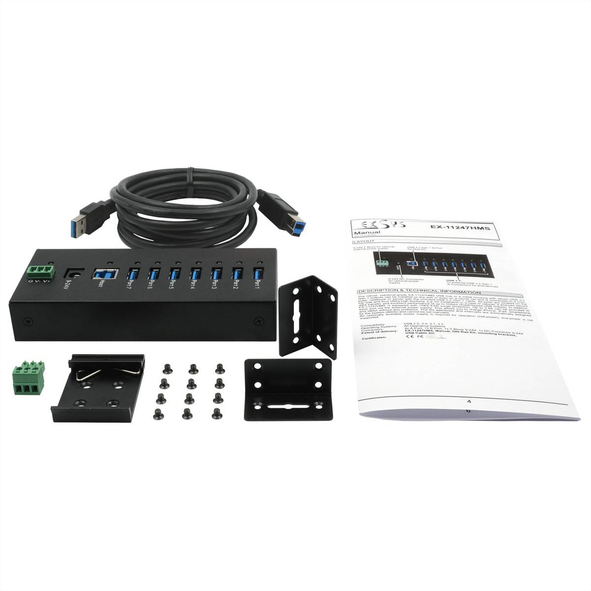 EXSYS EX-11247HMS 7 Port USB 3.2 Gen 1 HUB Din-Rail Kit und Wand VIA VL813 Chipset-4