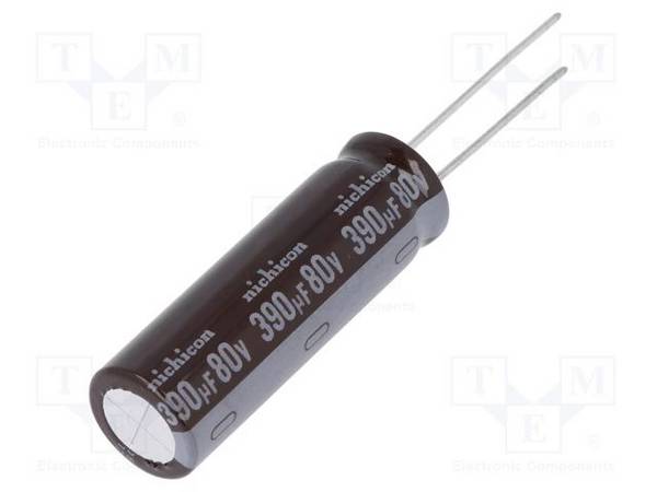 Kondensator: elektrolytisch  low ESR  THT  390uF  80VDC  ±20% UPM1K391MHD Elektrolyt. THT-Niederimpedanzkondens.