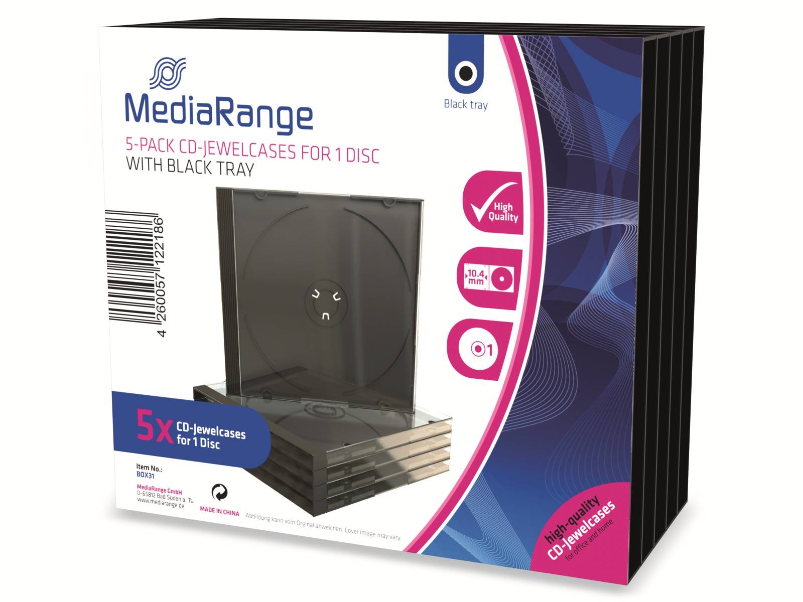 MEDIARANGE CD-Jewelcases single - Behälter CD-Aufbewahrung - Kapazität: 1 CD/DVD - Schwarz, durchsichtig (Packung mit 5)-1