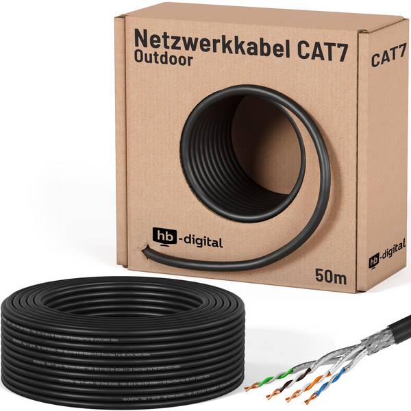 hb-digital 50m Netzwerkkabel CAT 7 Outdoor LAN max. 1000 MHz S/FTP PE AWG23 PoE++ kompatibel