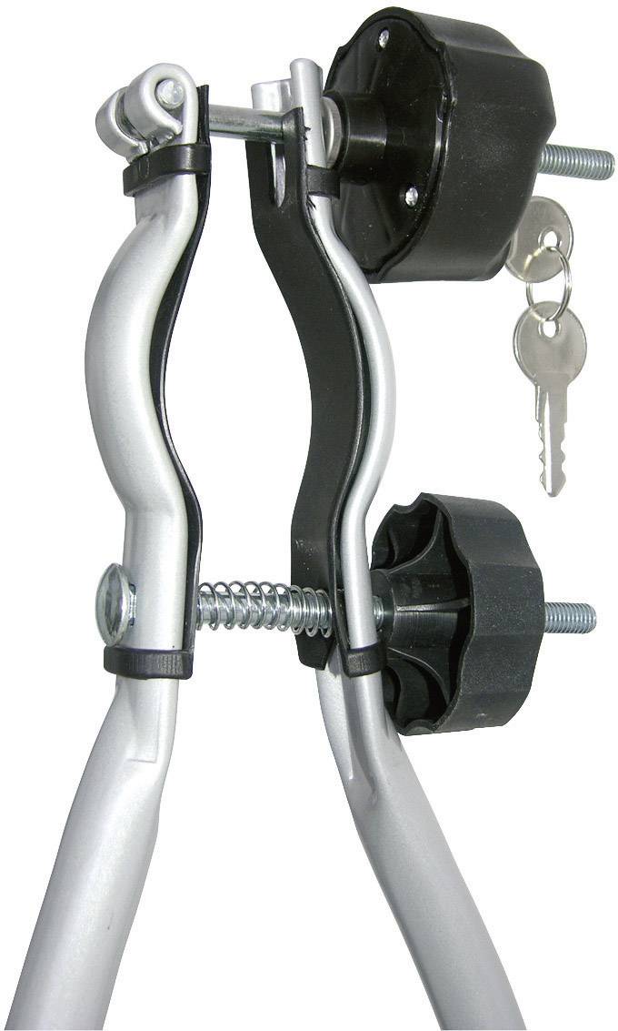 Ein silbernes Fahrradträgerschloss mit schwarzen Drehknöpfen und einem Schlüssel zeigt die Verschlussmechanismus-Funktion.