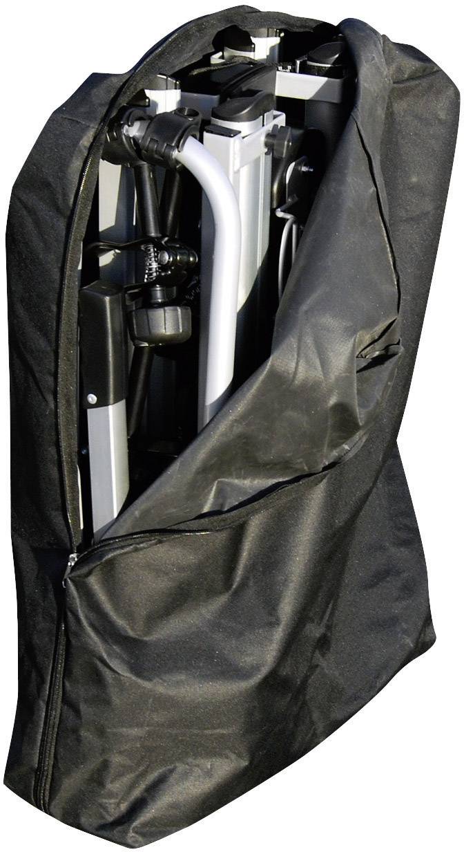 Eine schwarze Tasche, die einen zusammengeklappten Rollator enthält. Die Tasche ist halb geöffnet, sodass Teile des Rollators sichtbar sind.