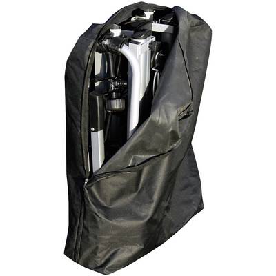 Eine schwarze Tasche, die einen zusammengeklappten Rollator enthält. Die Tasche ist halb geöffnet, sodass Teile des Rollators sichtbar sind.