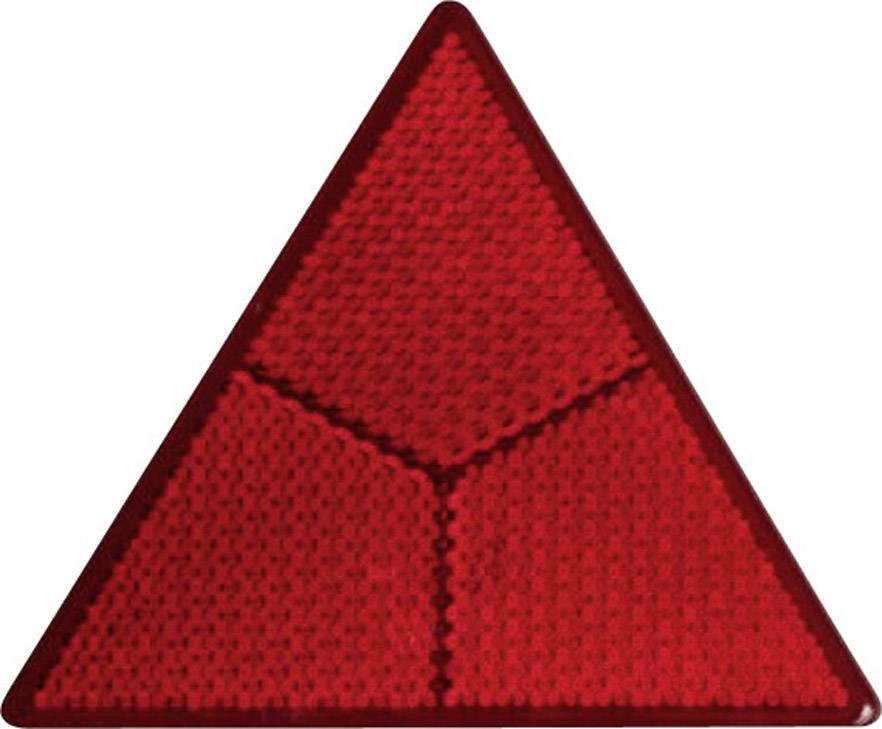 Ein rotes, reflektierendes Dreieck mit texturierter Oberfläche, oft als Sicherheitskennzeichen auf langsam fahrenden Fahrzeugen verwendet.