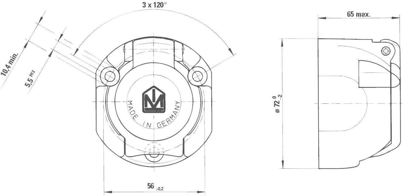 Technische Zeichnung eines Bauteils mit Maßen und Winkelangaben. Hauptmaß: 72 mm Durchmesser, 65 mm Höhe. Markiert mit 'Made in Germany'.