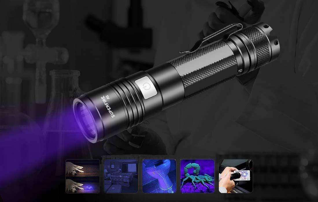 Superfire A5-365, UV Taschenlampe, 365NM, USB-1