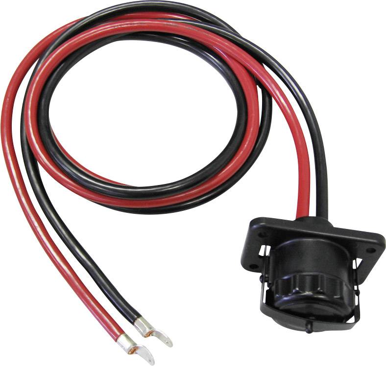 Ein schwarzer und ein roter Draht mit Metallösen sind an einer schwarzen elektrischen Steckverbindung montiert.