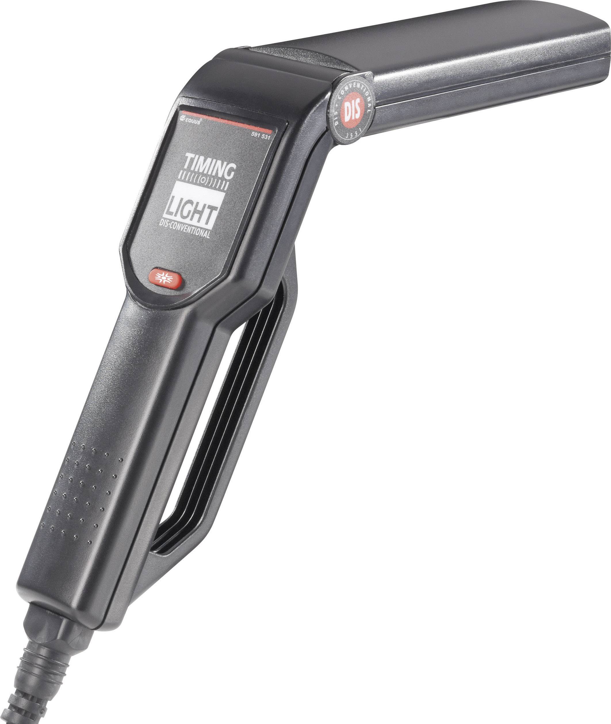 Schwarzes Prüfgerät in L-Form mit Display und Knopf, verwendet zur Zündungseinstellung bei Fahrzeugen. Gerät zeigt 'TIMING LIGHT'.