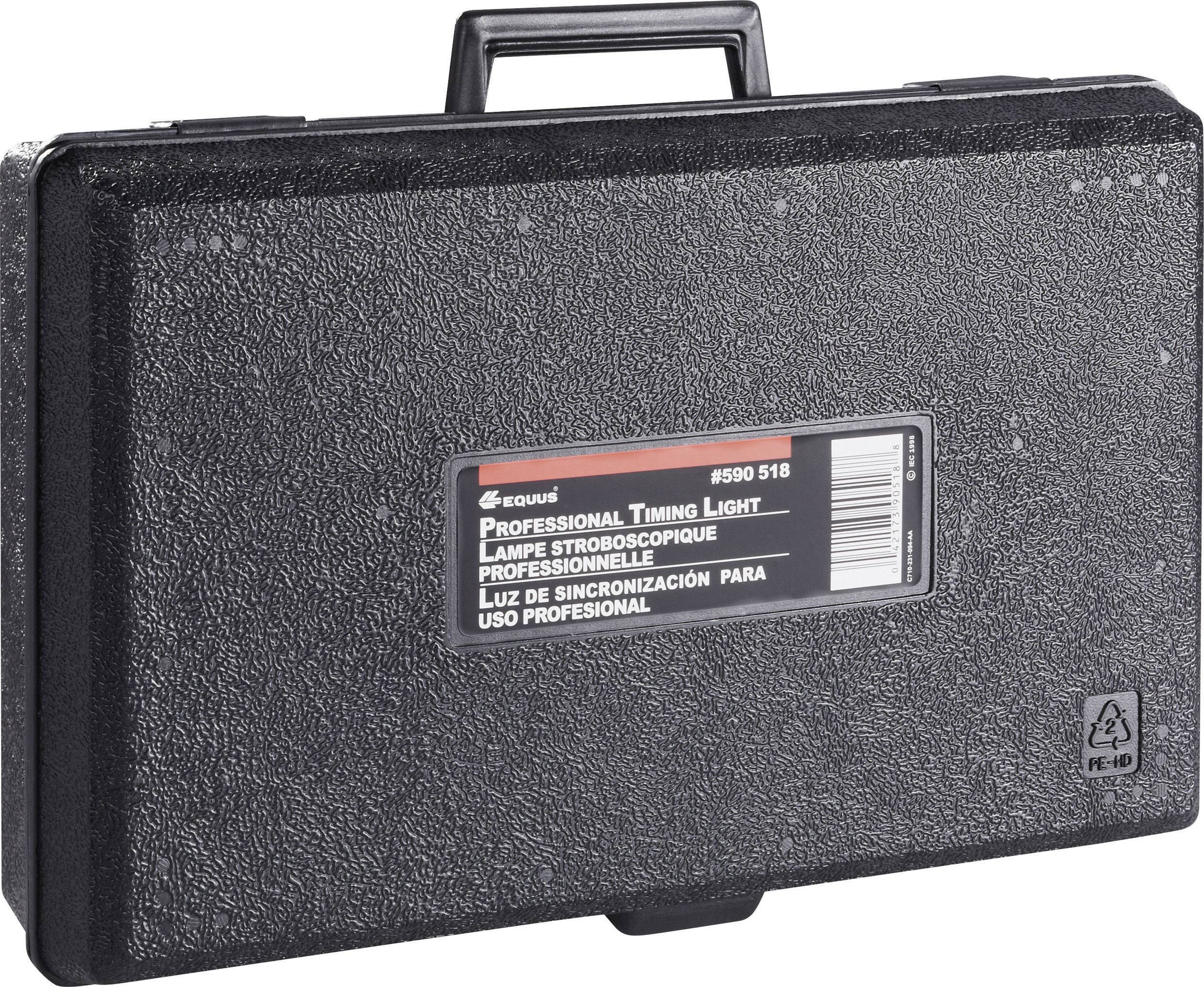 Ein schwarzer Koffer mit Griff, Aufkleber mit der Aufschrift 'Professional Timing Light' in mehreren Sprachen.