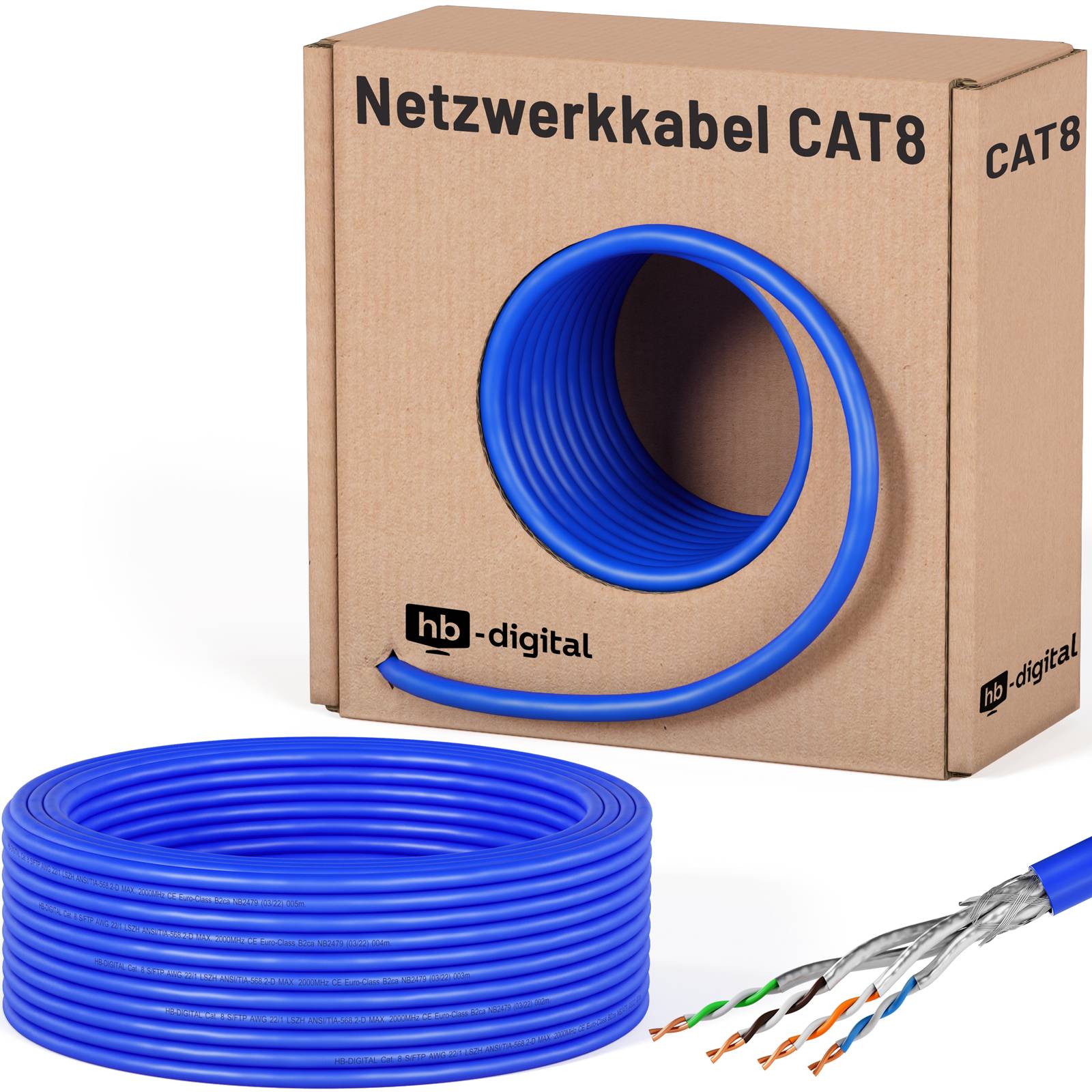 hb-digital CAT 8 Kabel LAN Kabel max. 2000 MHz S/FTP AWG22 LSZH blau
