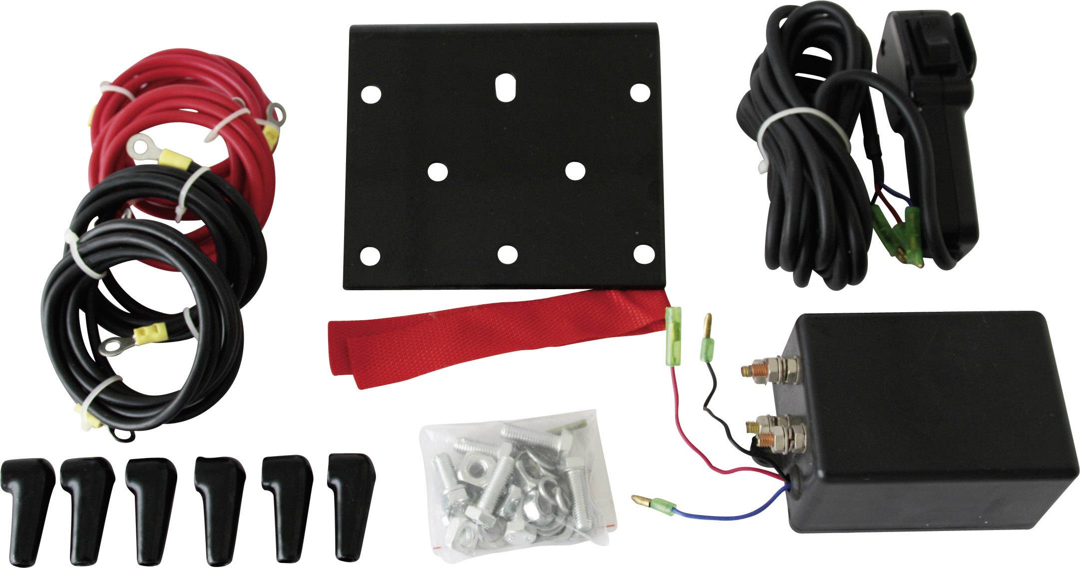 Montagesatz mit Kabeln, Montageplatte, Sicherungsbox, Schaltern und Schrauben. Wird zum Installieren elektrischer Komponenten verwendet.