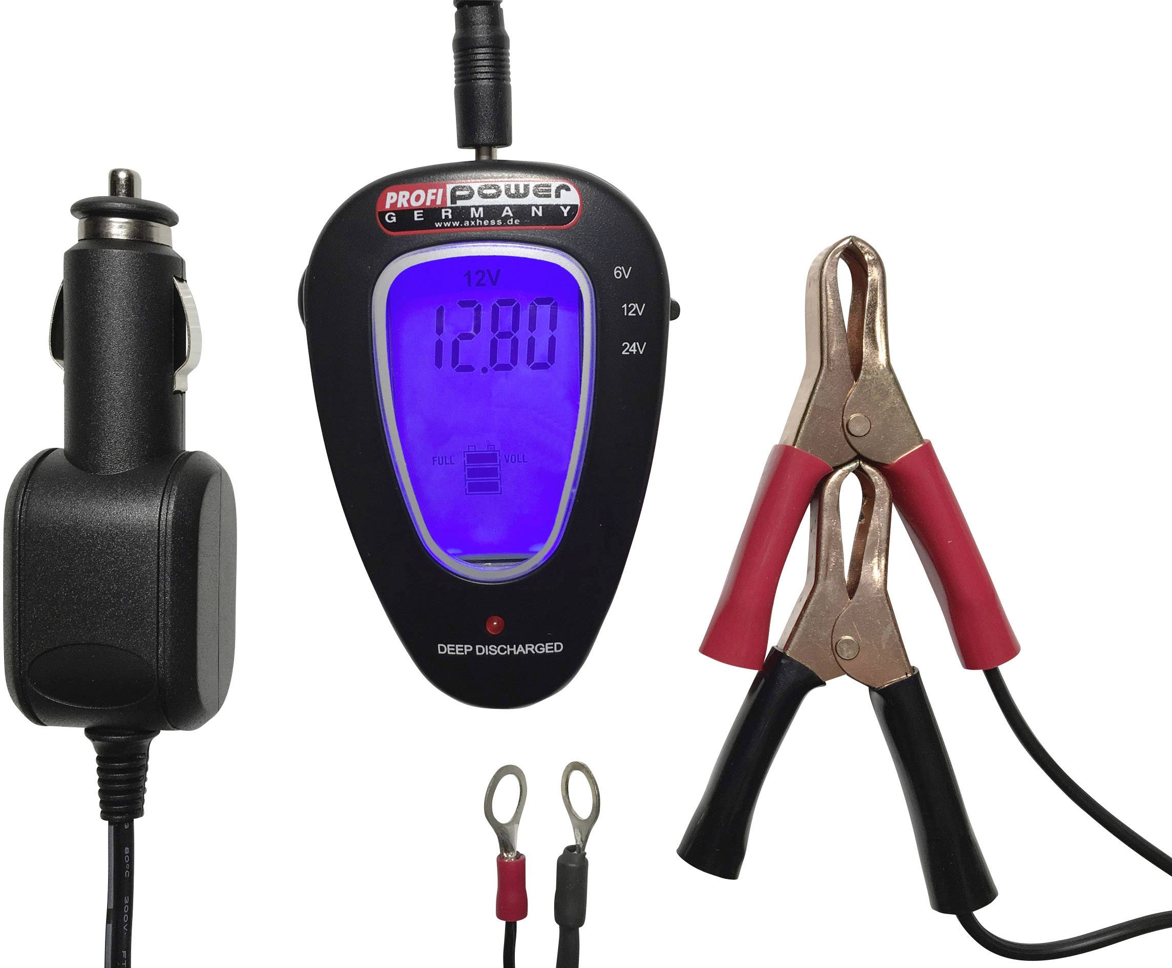 Digitaler Spannungsmesser für Autobatterien mit Stromstecker, Krokodilklemmen und Kabeln, zeigt '12.80'. Ideal zur Überprüfung der Batteriespannung.