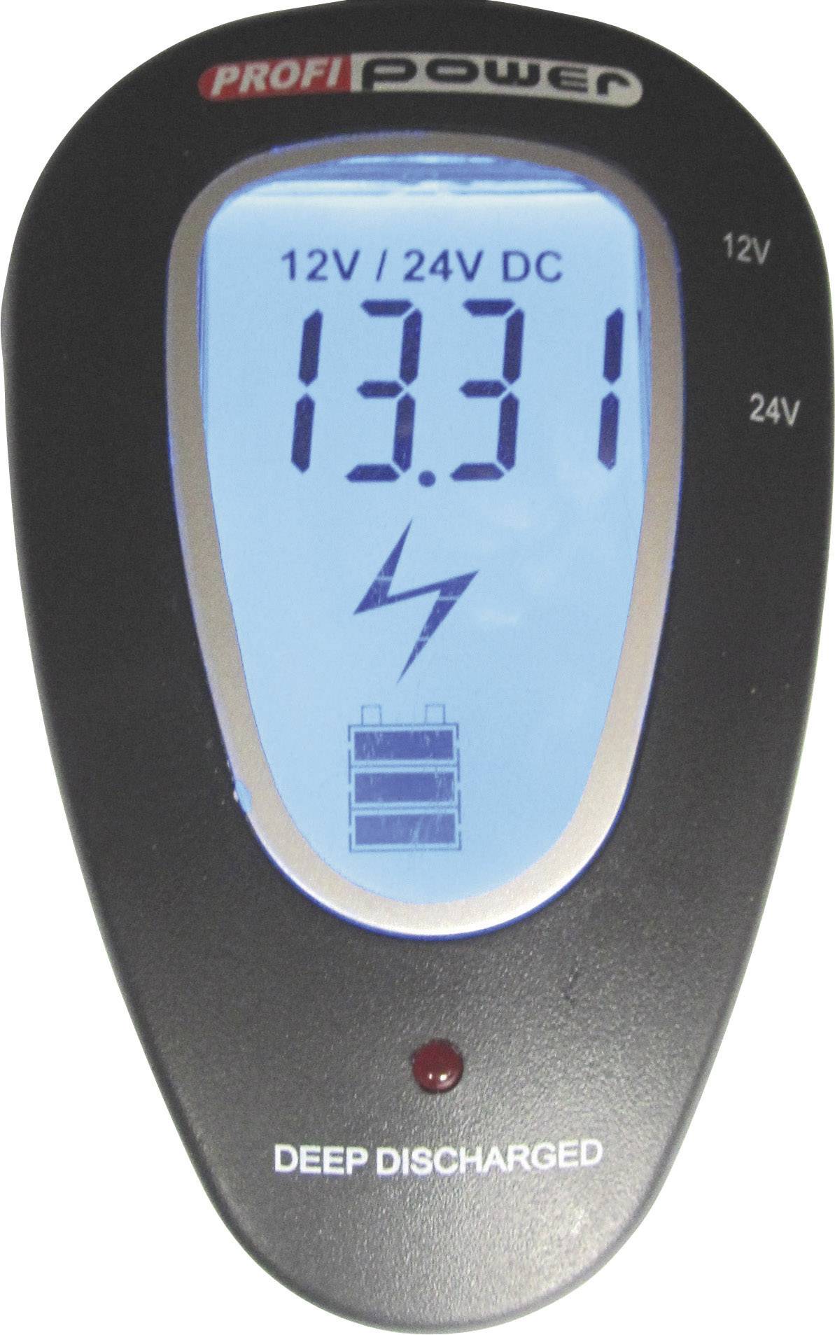 Spannungsanzeige für Autobatterie, zeigt 13,31 Volt für 12V/24V DC. Anzeige für tiefentladene Batterie leuchtet rot.