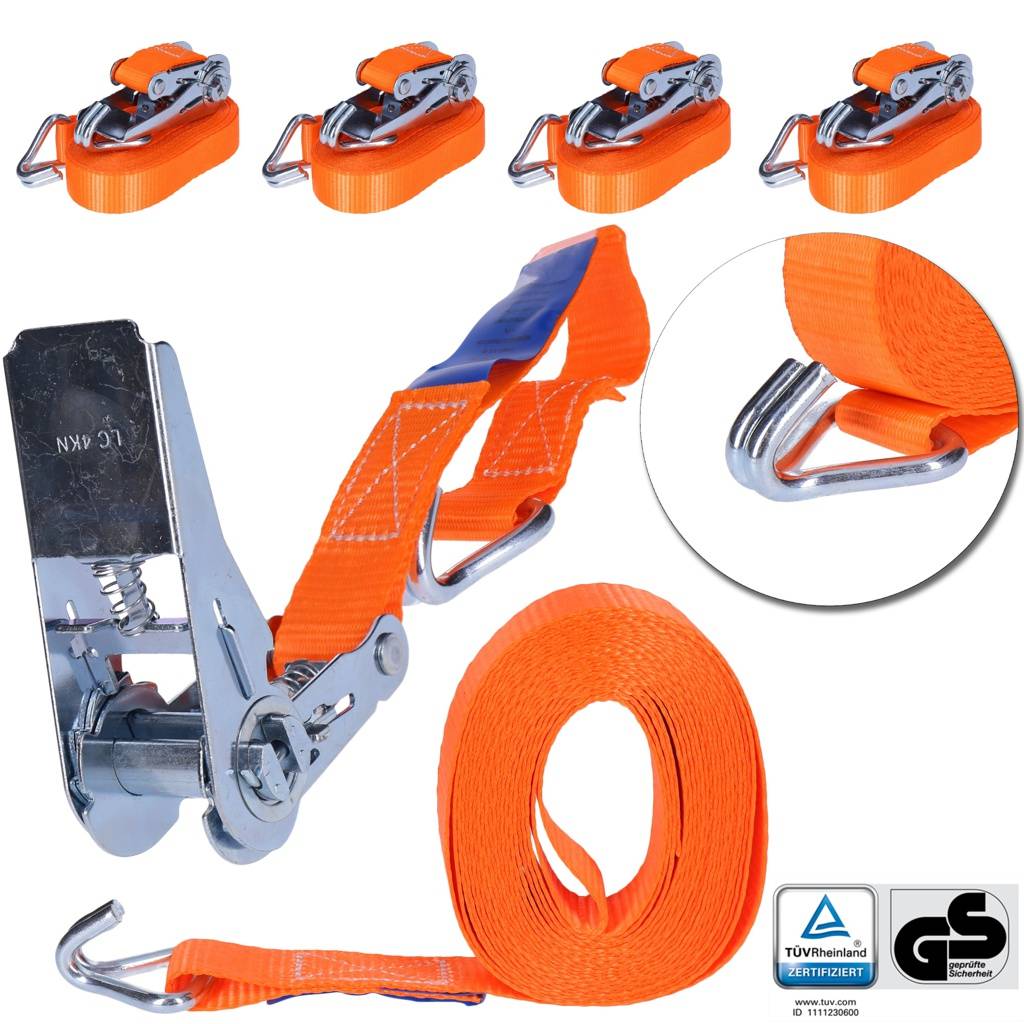 TP 4x Spanngurt, Zurrgurt zur Ladungssicherung 2- 25mm Gurtbreite, 0,8T (800 Kg) mit Spitzhaken - 6m-0