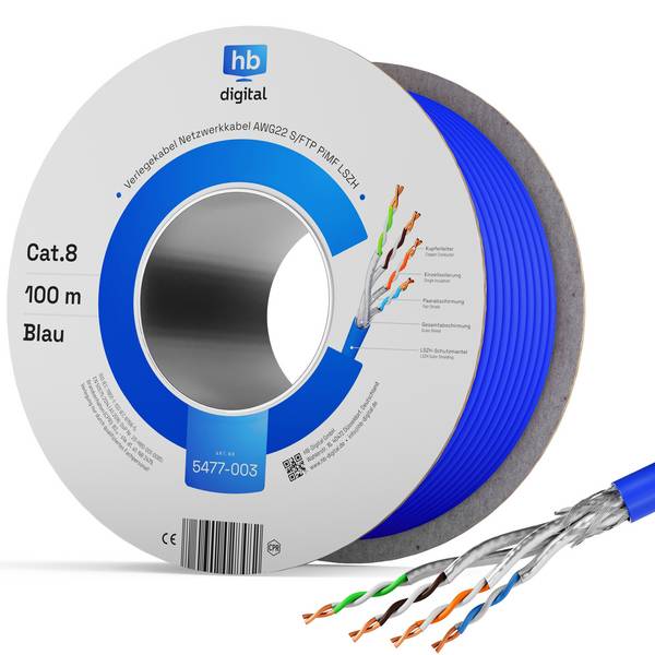 hb-digital CAT 8 Netzwerkkabel 100m Ethernet max. 2000 MHz S/FTP AWG22 LSZH blau